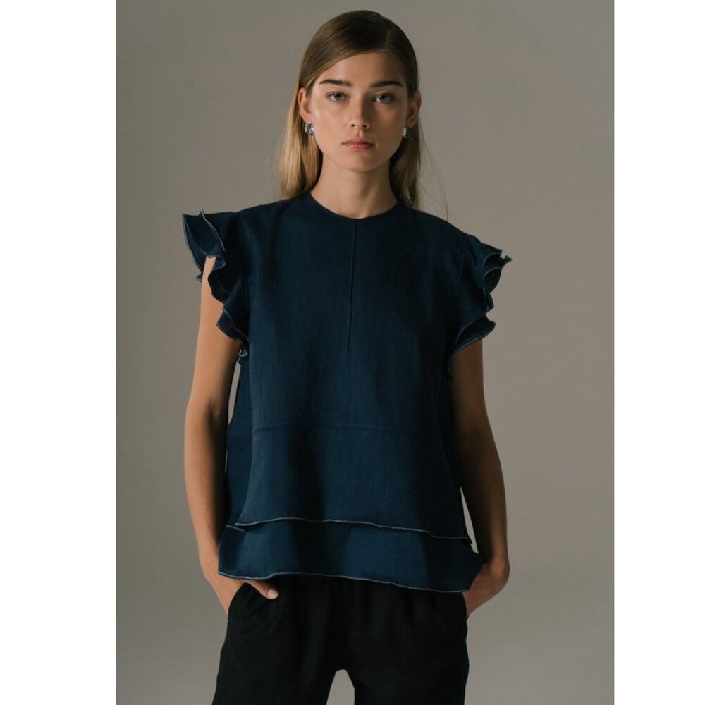 Fabiana Pigna • Navy Dahlia Ruffle Sleeve Blouse || XS